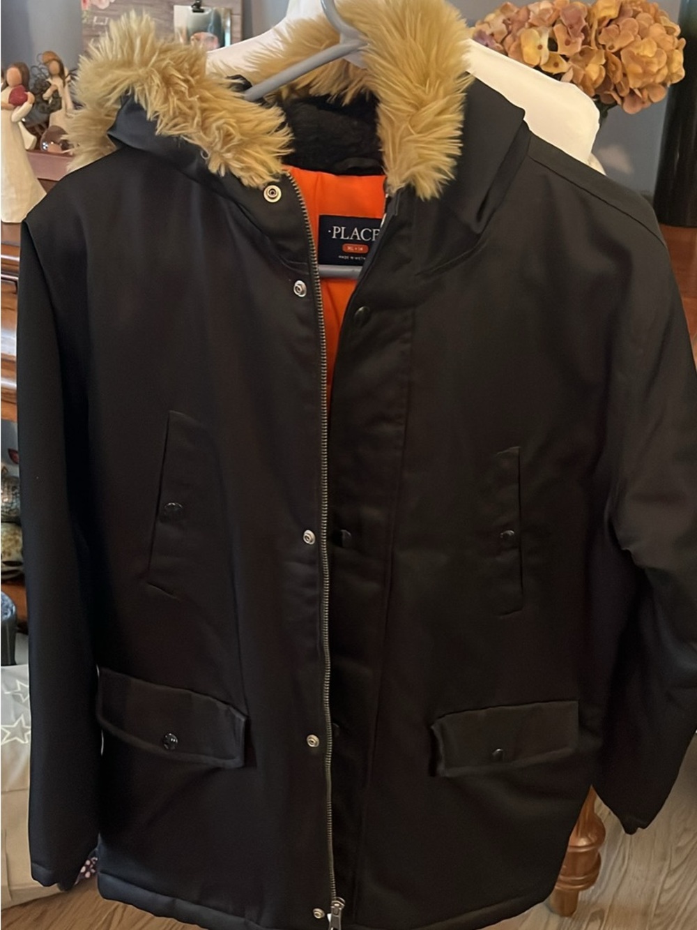 Place Kids Black Field Jacket with Tan Faux-Fur Hood